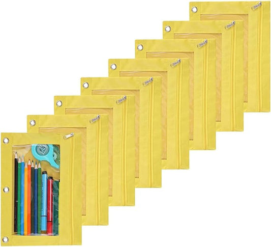 Zippered Pen Pencil Binder Pouch 3 Rings with Clear Window for School Classroom Organizers 8 Pcs (Yellow)
