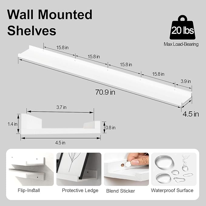 White Floating Shelves for Wall Decor, Long Wall Mounted Storage Shelf for Bedroom, Living Room, Bathroom, Kitchen, Nursery, Display Picture Ledge Shelf with Lip Set of 2-71 Inches, White