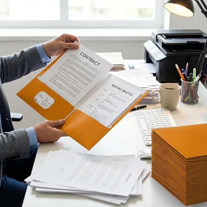 Zzrywuty File Folders with Pockets Letter Size, 50-Pack Paper Folders with Card Slot, Two Pocket Folders for School Students, Businessmen, Home and Office Workers (Orange)