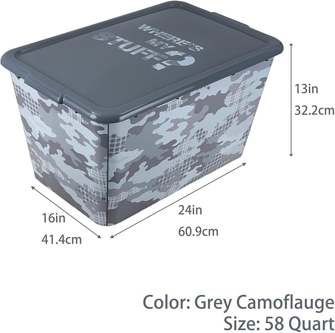 4 Packs 58 QT Plastic Storage Bins with Grey Camoflauge Print Lids, Stackable Storage Container, Large Storage Box for Organizing Garage, Closet, Kitchen, Made in the USA