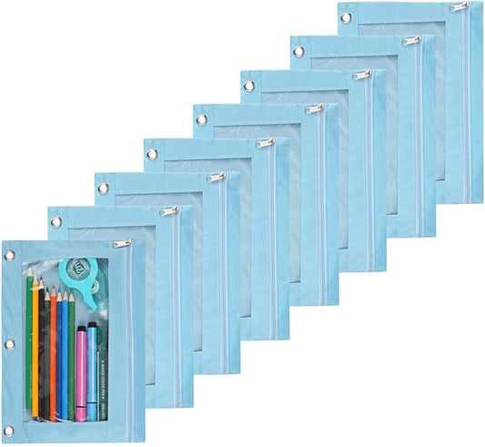 Zippered Pen Pencil Binder Pouch 3 Rings with Clear Window for School Classroom Organizers 8 Pcs (Light Blue)