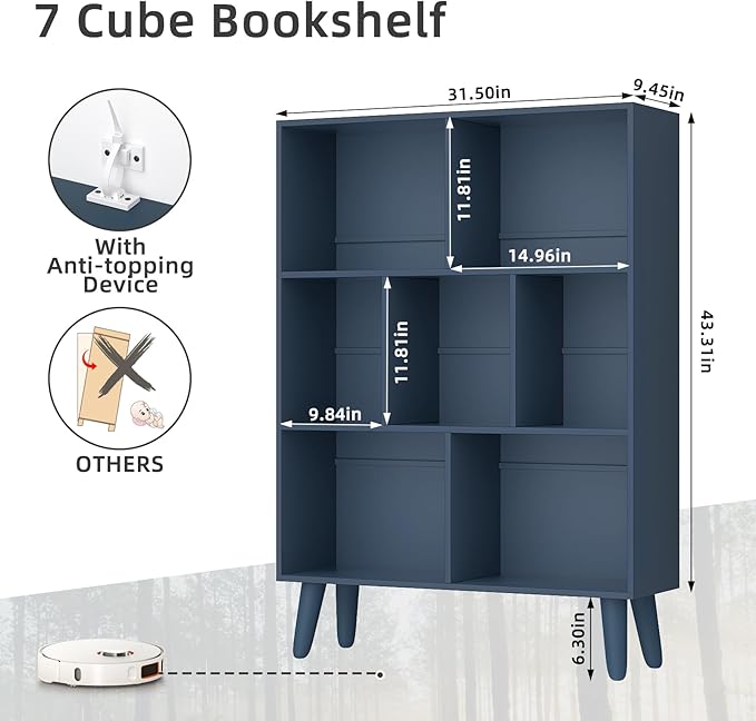 YAHARBO Blue Bookshelf,3 Tier Book Shelf with Legs, 7 Cube Minimalist Bookcase,Storage Organizer Shelves Display Bookcases for Bedroom,Living Room