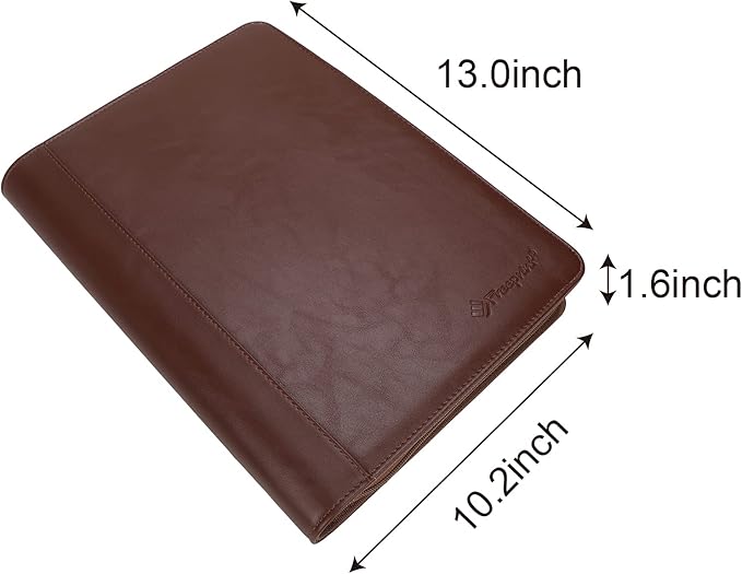 Zippered Portfolio 3 Ring Binder Organizer with Writing Pad Legal Size Letter - PU Leather Padfolio Document Organizer for Interview Business，Brown