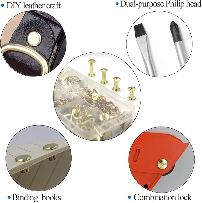 110 Sets Gold Chicago Screws Leather Assorted Kit, 8 Sizes of Screw Rivets for DIY Leather Craft and Bookbinding (M5 X 4,5,6,8,10,12,15,18)