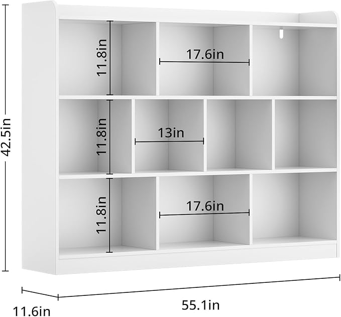 White Bookshelf, Wood Bookcase with 3 Tier Open Shelves, 10-Cube Minimalist Storage Shelf for Living Room, Bedroom, 55.1" W x 42.5" H