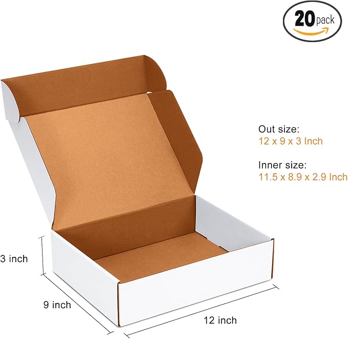 12x9x3 inch Shipping Boxes Set of 20, White Corrugated Cardboard Box Literature Mailer for Mailing Packing Moving and Storage