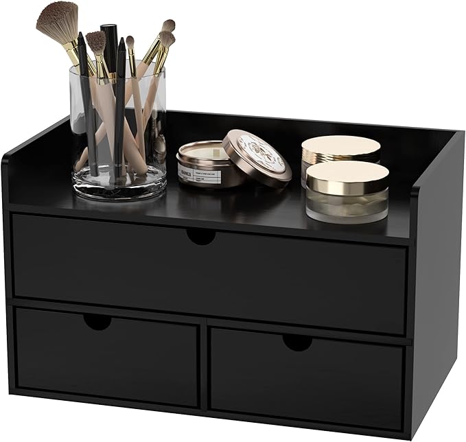 Wisuce Bamboo Desk Organizer - Mini Bamboo Desk Drawer Tabletop Cosmetic Storage Organization for Office or Home Black with Shelf