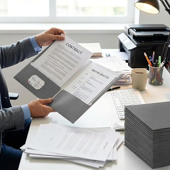 Zzrywuty File Folders with Pockets Letter Size, 50-Pack Paper Folders with Card Slot, Two Pocket Folders for School Students, Businessmen, Home and Office Workers (Grey)