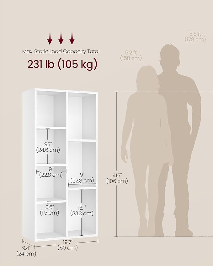 VASAGLE Bookcase, Bookshelf with 7 Compartments, Freestanding Shelves and Cube Organizer, for Display in Living Room, Bedroom, and Home Office, Cloud White ULBC27WT