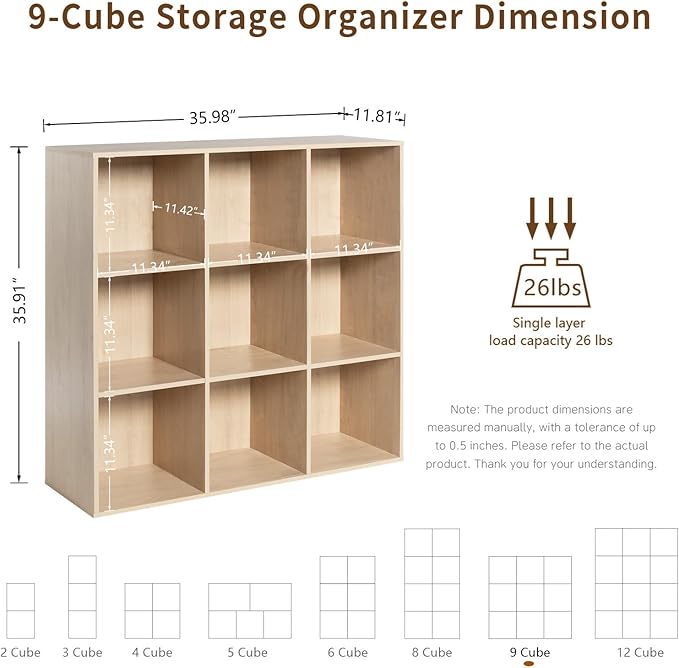 Wooden 9-Cube Storage Organizer with Closed Back Panel, 11in Cube Shelf Opening, Bookshelf, Display Shelf,Closet Cabinet for Home and Office,White Oak
