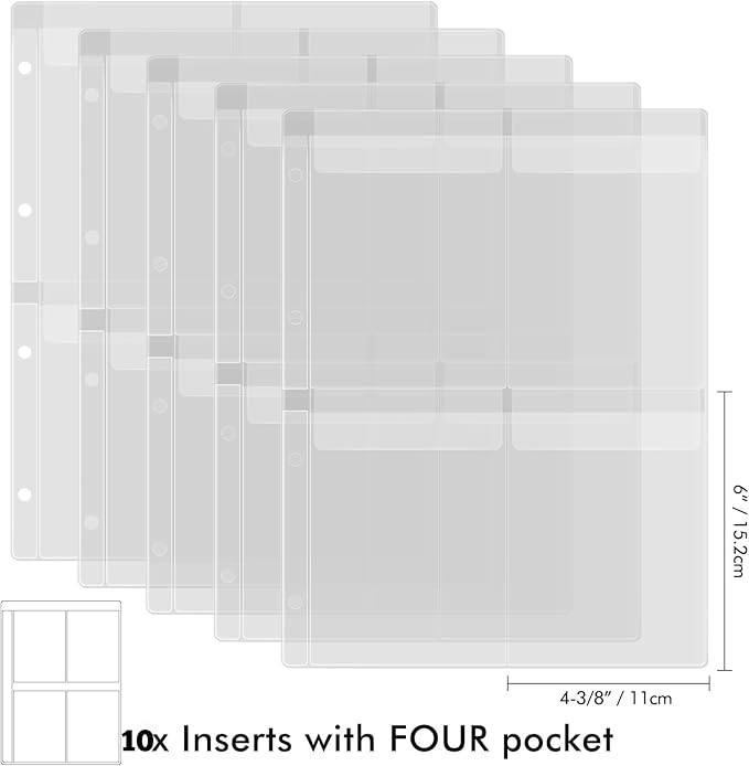 10 Pack A4 Size Plastic Binder Pockets,4 Holes Waterproof PVC Folders Loose Leaf Bag forBudgeting Loose Leaf Bags Planner Insert Pouches Photo,Document, Stamp & Die Storage Bills Organizer(4 Grid)