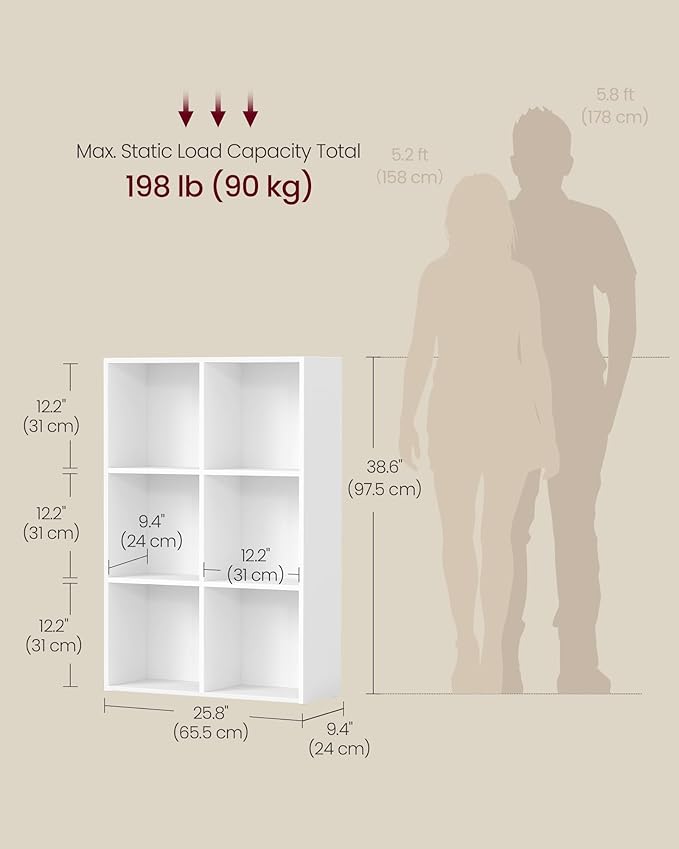 VASAGLE Custos Collection - Bookshelf, Bookcase, Cube Shelf with 6 Compartments, 9.4 x 25.8 x 38.6 Inches, Storage Shelf, for Living Room, Home Office, Dining Room, Cloud White ULBC423W01