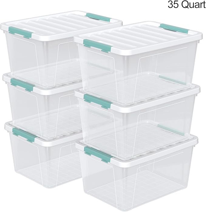 35 Quart Latch Storage Box, 6-Pack Clear Plastic Storage Bins with Latching Lids