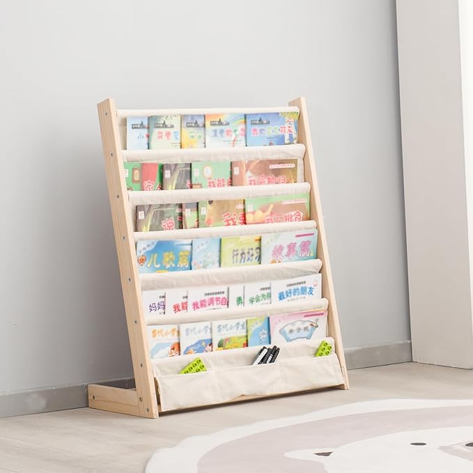 Wooden Bookshelf for Kids Wood Bookrack Canvas Book Storage Shelf Display Bookshelf 6 Tier Kids Book Rack for Bedroom Living Room Playroom Storage Organizer Natural (24.6" L x 11.81" W x 31.10" H)