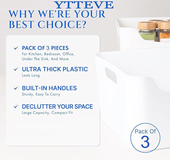 XL - 3 Pack White Plastic Storage Bins for Shelves, Closet Kitchen Storage Containers for Pantry Bathroom Office Organization Baskets, Cabinet Organizing Containers, White Organizer Bins for Shelves