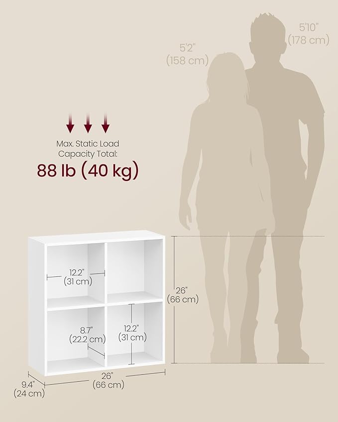 VASAGLE Custos Collection - Bookshelf, Bookcase, Cube Shelf with 4 Compartments, 9.4 x 26 x 26 Inches, Storage Shelf, for Living Room, Home Office, Dining Room, Cloud White ULBC476W01