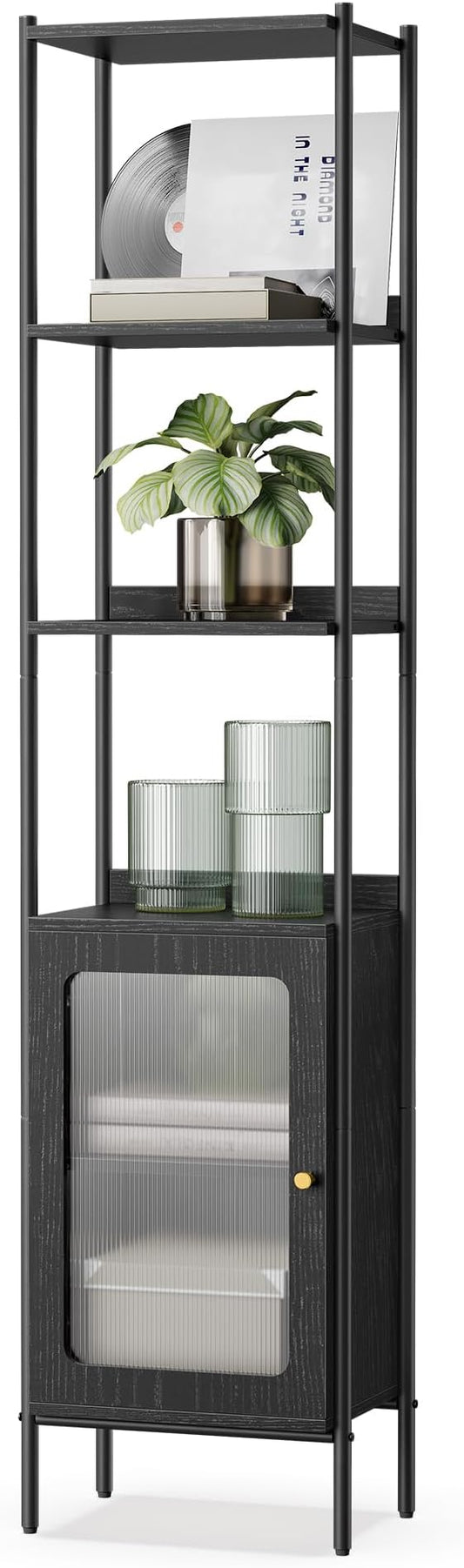 VASAGLE 6-Tier Bookcase, Slim Bookshelf with PC Door, Freestanding Storage Shelf with Metal Frame, Adjustable Shelf, for Living Room, Ebony Black and Matte Black ULLS123B56