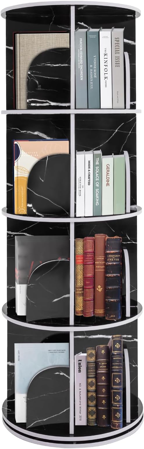 4 Tier Rotating Display Bookshelf,360° Revolving Storage Rack,Black,Spinning Small Bookcase,Narrow Book Shelf Organizer for Bedroom, Livingroom (Black)