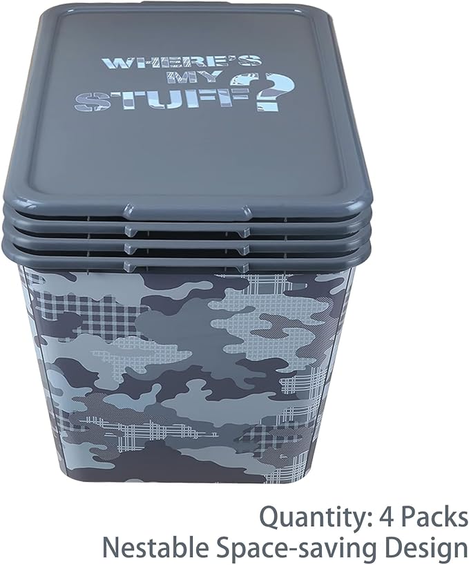 4 Packs 58 QT Plastic Storage Bins with Grey Camoflauge Print Lids, Stackable Storage Container, Large Storage Box for Organizing Garage, Closet, Kitchen, Made in the USA