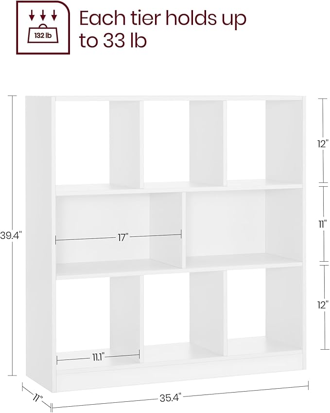 VASAGLE Bookcase, Bookshelf, Freestanding Storage Unit, 8 Open Compartments, Used Horizontally, Vertically, Upside Down, 11 x 35.4 x 39.4 Inches, for Living Room, Study, Office, Cloud White ULBC55WT
