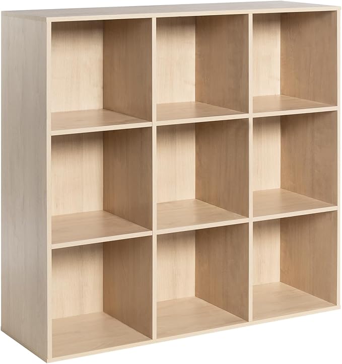 Wooden 9-Cube Storage Organizer with Closed Back Panel, 11in Cube Shelf Opening, Bookshelf, Display Shelf,Closet Cabinet for Home and Office,White Oak