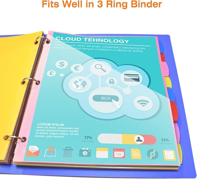 WOT I 8-Tab Binder Dividers with Clear Front Pocket - 3 Sets, Reusable Plastic Pocket Dividers for 3 Ring Binder, 4 Vibrant Colors, Tear-Resistant, Total 24 Tabs