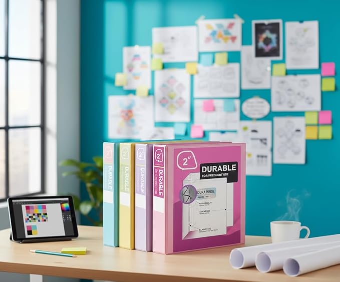 Zzrywuty Durable 3 Ring Binder, 2 Inch, Economy 4 Pack, Each Holds 540 Sheets, D-Ring Presentation View Binders for Office, School, Home (Pastel Assortment)