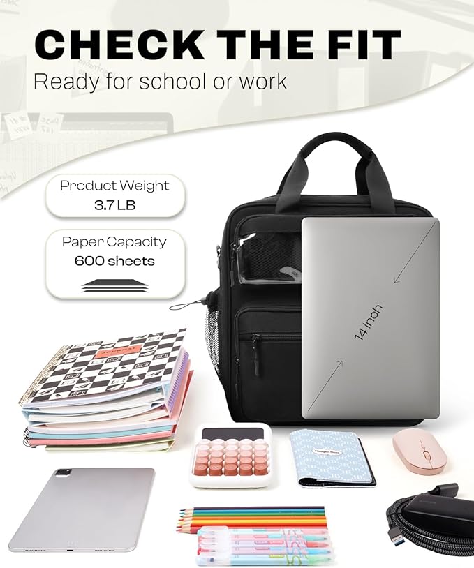 Zipper Binder 3 Ring with Ita Window, 3 Inch Binder with Zipper D-Ring Fits 14 in Laptop, 3-in-1 Shoulder/Backpack/Handle 600 Sheets Capacity for School & Office – Black