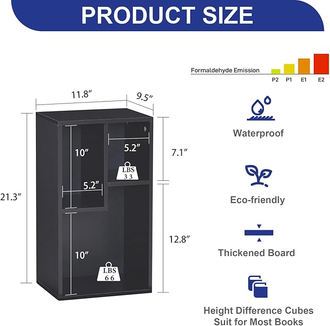 VECELO 3 Cube Small Bookcase, Fits Tallest Hardcovers, Horizontal Available, 2-Tier Modern Bookshelf, Storage Organizer for Small Spaces, Kids Room, Bedroom Living Room, Black