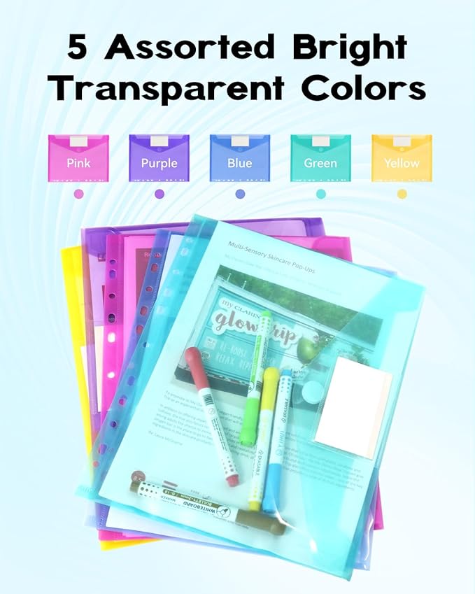 10 Pack File Folders, 11 Ring Binder Folders with Pockets, Plastic Envelopes, Clear Folder for Documents with Label, 3 Ring Binder Pocket Organizer Letter Size A4 Size