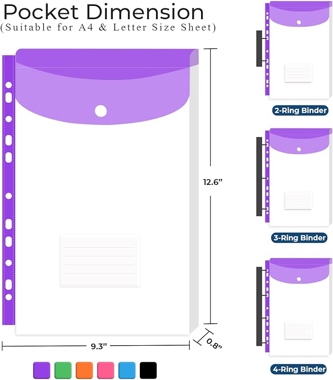 Y YOMA 6 Pack Plastic Binder Pocket with 11 Holes & Snap Button - Letter Size Top-Loading Expandable Extra Capacity Envelope for 2/3/4 Ring Binder, Matte Design