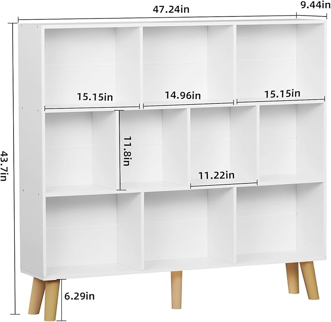YAHARBO 10 Cube White Bookshelf,3 Tier Book Shelf with Legs,Modern Minimalist Bookcase,Open Book Shelves Storage Organizer,Frees Standing Wooden Display Bookcases for Small Space,Bedroom,Living Room