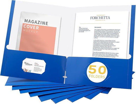 Zzrywuty File Folders with Pockets Letter Size, 50-Pack Paper Folders with Card Slot, Two Pocket Folders for School Students, Businessmen, Home and Office Workers（Blue）