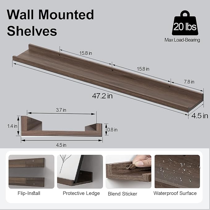 White Floating Shelves for Wall Decor, Long Wall Mounted Storage Shelf for Bedroom, Living Room, Bathroom, Kitchen, Nursery, Display Picture Ledge Shelf with Lip Set of 2-48 Inches, Walnut