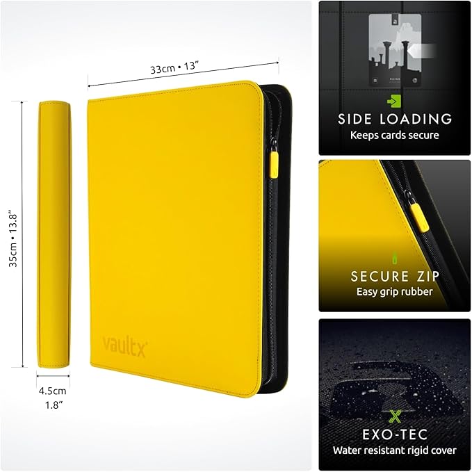 Vault X 12 XL Pocket Trading Card Zip Binder - 624 cards, Premium Exo-Tec Album Material, 26 Side-Loading Pages, Folder for Collectible Card Games, Sports, TCG (Yellow)