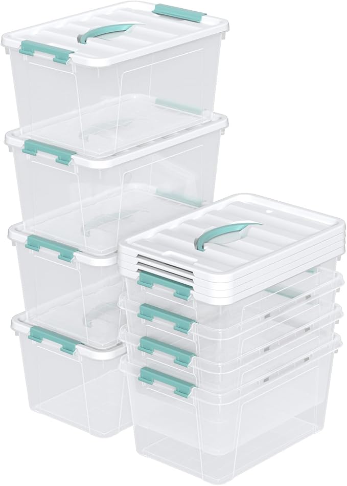 14 Qt Stackable Plastic Storage Bins with White Lids, Clear Latching Storage Organizer Box, 8 Packs