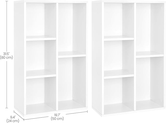 VASAGLE Set of 2 Bookcases, Bookshelves, 5 Compartments, Freestanding Shelves and Cube Organizers, Display Shelves for Small Spaces, for Living Room, Bedroom, and Home Office, Cloud White ULBC25WT-2