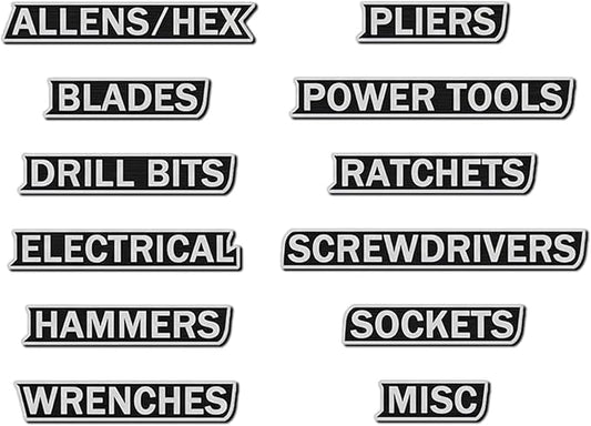 12 Pack of Magnetic Toolbox Labels, 3D-Printed Tool Box Labels, General Tool Box Organize Accessories, Reusable Tags for Steel Toolboxes, Carts, Drawers, and Cabinets (Black)