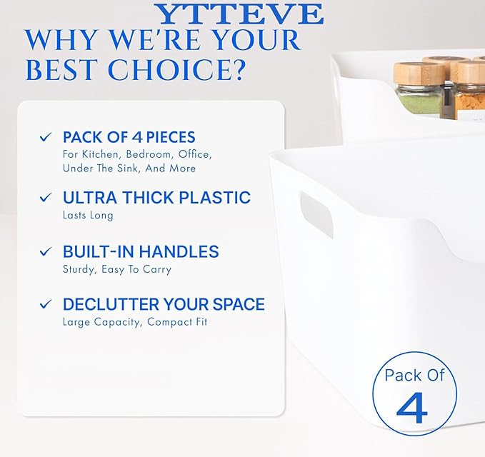 XL - 4 Pack White Plastic Storage Bins for Shelves, Closet Kitchen Storage Containers for Pantry Bathroom Office Organization Baskets, Cabinet Organizing Containers, White Organizer Bins for Shelves