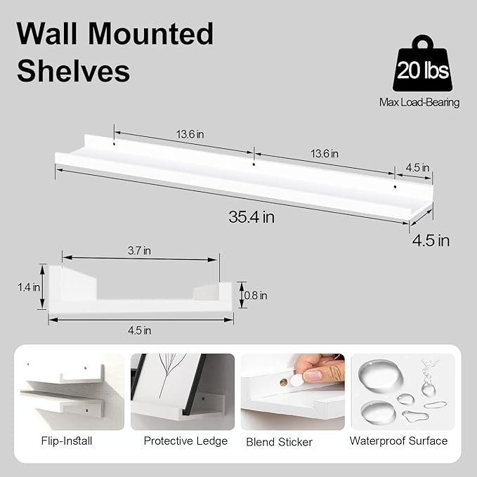 White Floating Shelves for Wall Decor, Long Wall Mounted Storage Shelf for Bedroom, Living Room, Bathroom, Kitchen, Nursery, Display Picture Ledge Shelf with Lip Set of 2-36 Inches, White