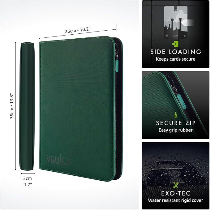 Vault X 9 Pocket Trading Card Zip Binder, 360 Cards, Premium Exo-Tec Album Material, 20 Side-Loading Pages, Folder for Collectible Games, Sports, TCG (Green)