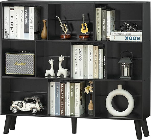 YAHARBO 10 Cube Bookshelf,3 Tier Bookcase with Legs,Black Mid-Century Modern Bookshelves,Large Free Standing Open Storage Organizer Shelf,Tall Wooden Book Case Furniture for Bedroom,Living Room,Office