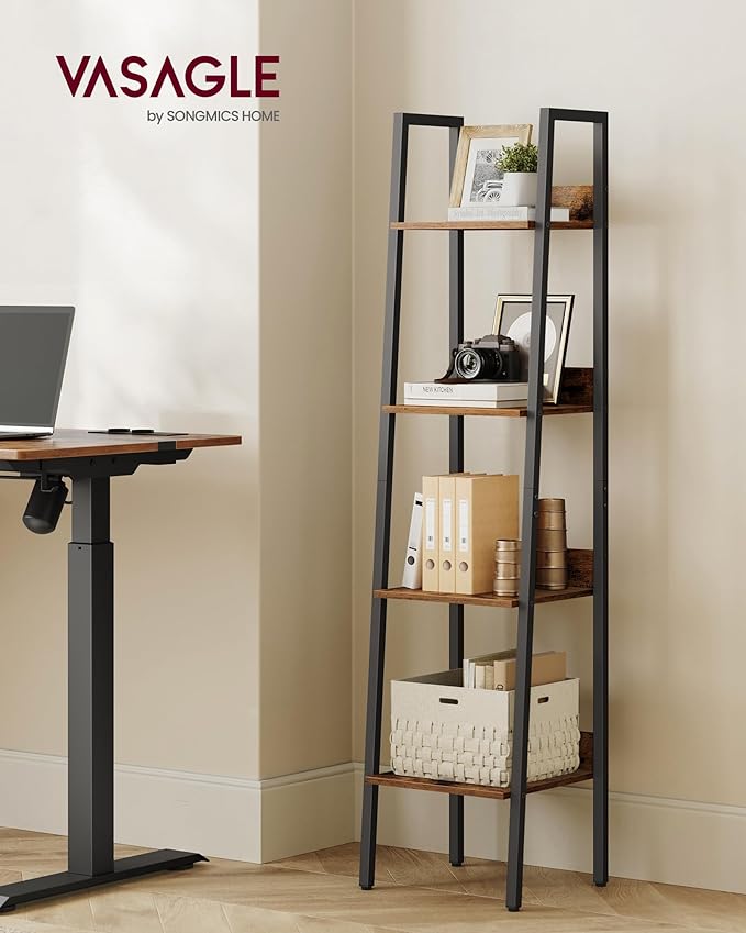 VASAGLE Bookshelf, 4-Tier Narrow Book Shelf, 11.8 x 13.3 x 55.1 Inches, Ladder Shelf for Home Office, Living Room, Bedroom, Kitchen, Rustic Brown and Ink Black ULLS108B01