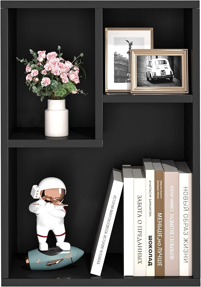 VECELO 3-Cube Bookshelf, Fits Tallest Hardcovers, Horizontal Available, Modern Bookcase, Cubby Storage Organizer for Small Space, Bedroom, Living Room,Black