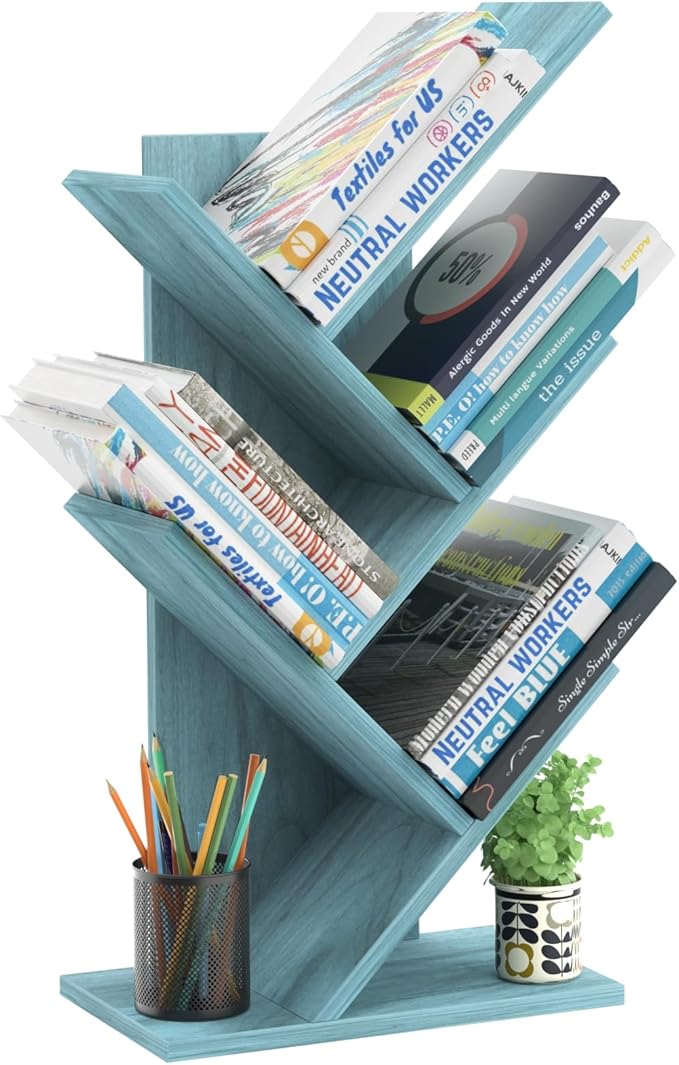 5 Tier Tree Book Shelf, Small Desktop Bookshelf with Storage Organizer, Wood Bookcase, Desk Display Bookshelves, Floor Standing Organizer Bookcases for Living Room,Bedroom,Office-Blue
