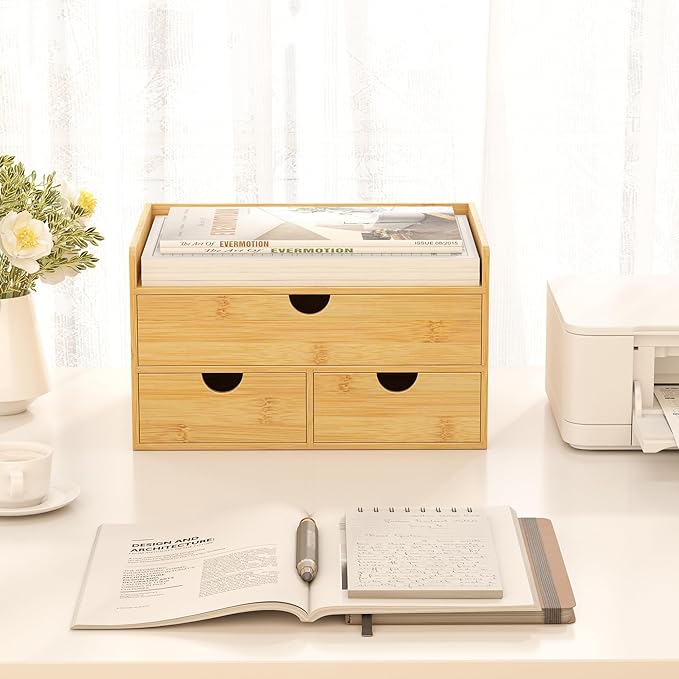 Wisuce Bamboo Desk Organizer - Mini Bamboo Desk Drawer Tabletop Cosmetic Storage Organization for Office or Home (Nature 3 Drawers)