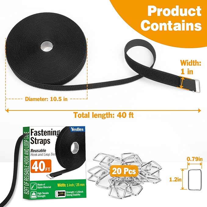 1" x40ft Hook and Loop Straps with 20 Metal Buckles, Adjustable Fastening Cinch Straps, Cut to Length Cable Straps, Reusable Nylon Straps 1 Inch Wide for Organizer or Storage, Black