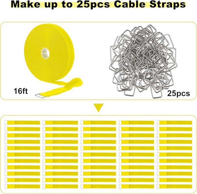 1"x16ft Hook and Loop Straps with 25 Metal Buckles, Adjustable Fastening Cable Straps, Cut-to-Length Cinch Strap, Reusable Nylon Securing Cord Ties for Organizer or Storage, 1 inch Wide,Yellow
