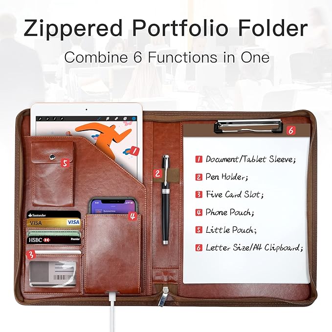 Zippered Padfolio Organizer, WRIYES Leather Planner Binder, 10.2 Inch Portfolio Folder for Documents, Letter Size Business Card Holder for Men&Women (Brown)
