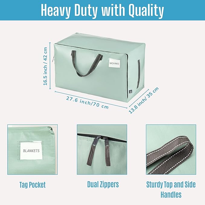 VENO 4 Pack Moving Bags and Large Christmas Decoration Storage Bins with lids. Alternative to Moving Boxes, Packing Supplies for College. Heavy Duty Totes (Shiny Light Green, 4 Pack)